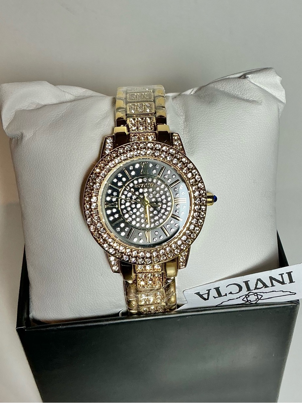Invicta Gold-Tone Crystal Pavé Bracelet Watch with Blue Crown Accent(69425)